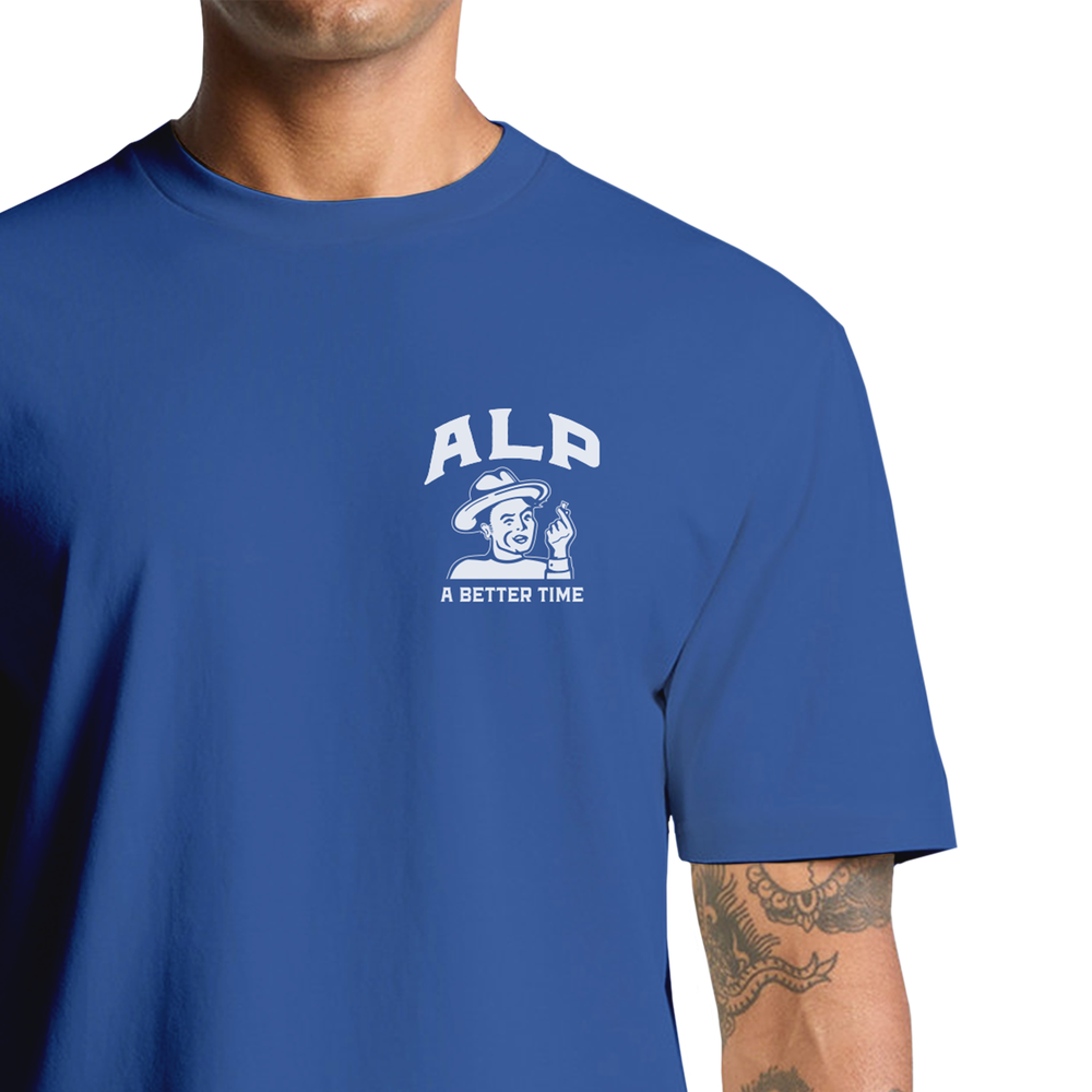 Blue T-shirt with ALP logo and tagline "A Better Time," representing the ALP brand for buying nicotine pouches online.