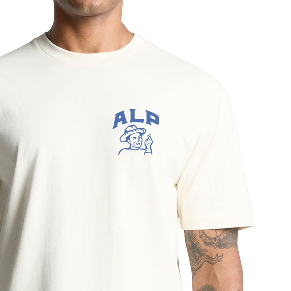 A Better Time white t-shirt from ALP nicotine pouches featuring a large blue text design on the back and a small warning label at the bottom.