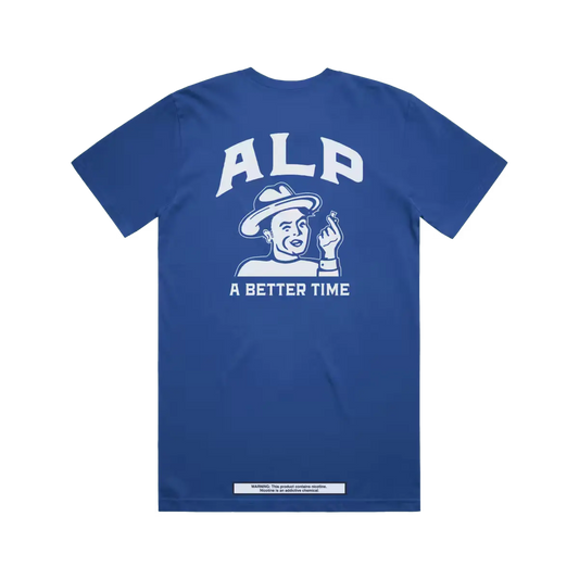 Blue T-shirt featuring a large white "ALP" logo and "A Better Time" slogan printed on the back