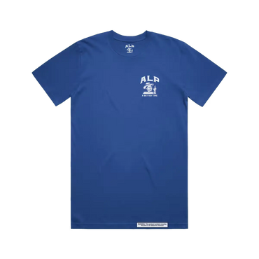 Blue T-shirt with a white "ALP" logo and "A Better Time" slogan printed on the front left chest