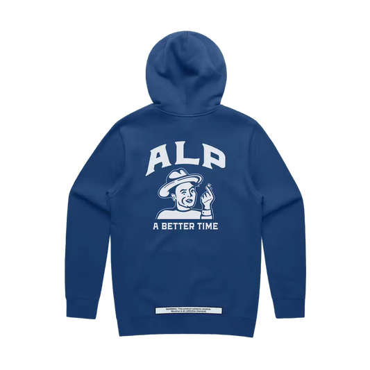 Blue hoodie with "ALP" logo, character graphic, and "A Better Time" text on the back, featuring a small warning label
