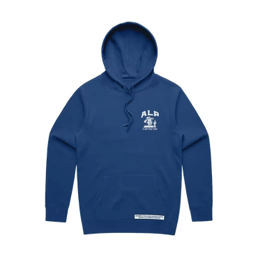 Blue hoodie with "ALP" logo and "A Better Time" text on the front, featuring a small warning label at the hem.