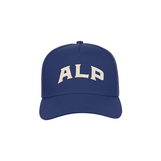 ALP nicotine pouches logo baseball cap in solid blue with white embroidered lettering.