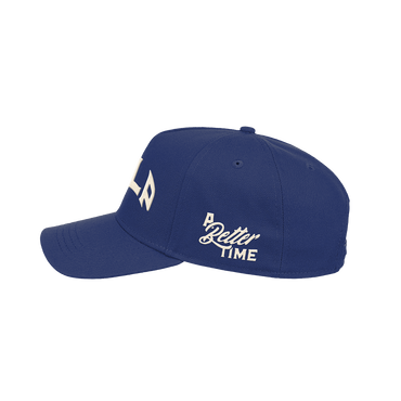 ALP nicotine pouches logo baseball cap in solid blue with white embroidered lettering.