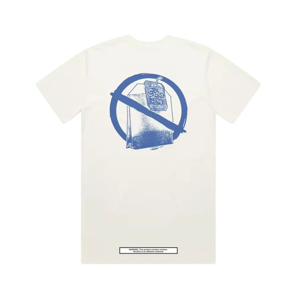 Back view of an off-white T-shirt with a blue graphic showing a "No Extra Dry" symbol and warning label at the bottom
