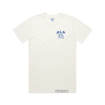 A Better Time white t-shirt from ALP nicotine pouches featuring a large blue text design on the back and a small warning label at the bottom.